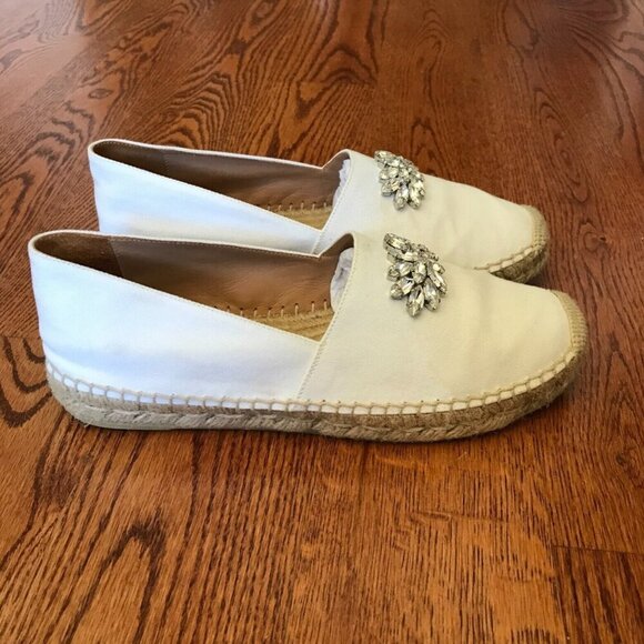 MIU MIU Espadrille Embellished Flats Shoes Womens 38 8 White Canvas Crystals - Picture 5 of 12